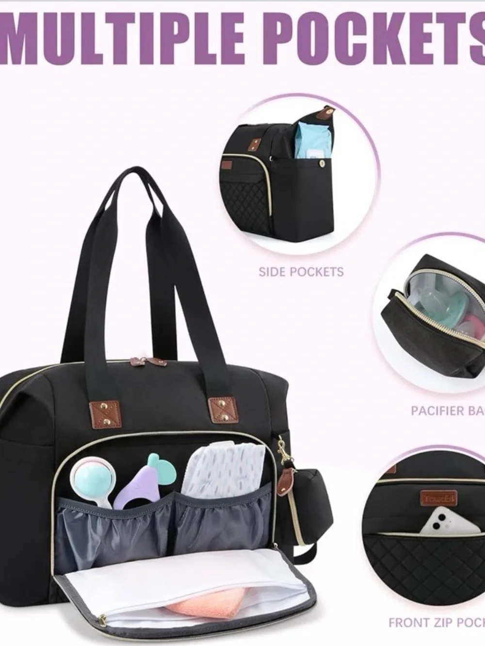 Black Quilted Carryall Tote with Brown Trim